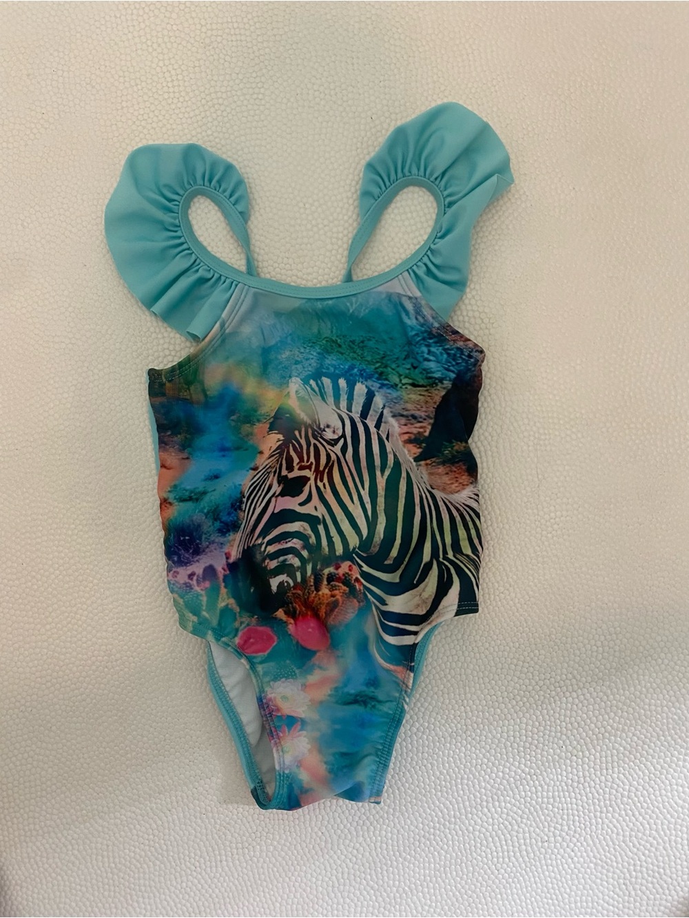 12 months girls Aqua Zebra Print One-Piece Swimsuit with Ruffle Straps